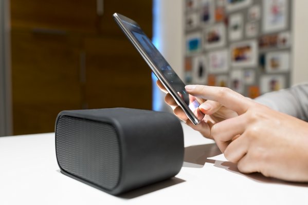 black bluetooth speaker smartphone